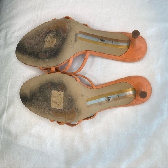 Sam Edelman Jedda Gold Logo Designer Melon Leather Suede Strappy Heels SZ 6 - Picture 12 of 13